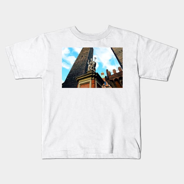 The Two Towers with the statue of St Petronius in Bologna Kids T-Shirt by KristinaDrozd